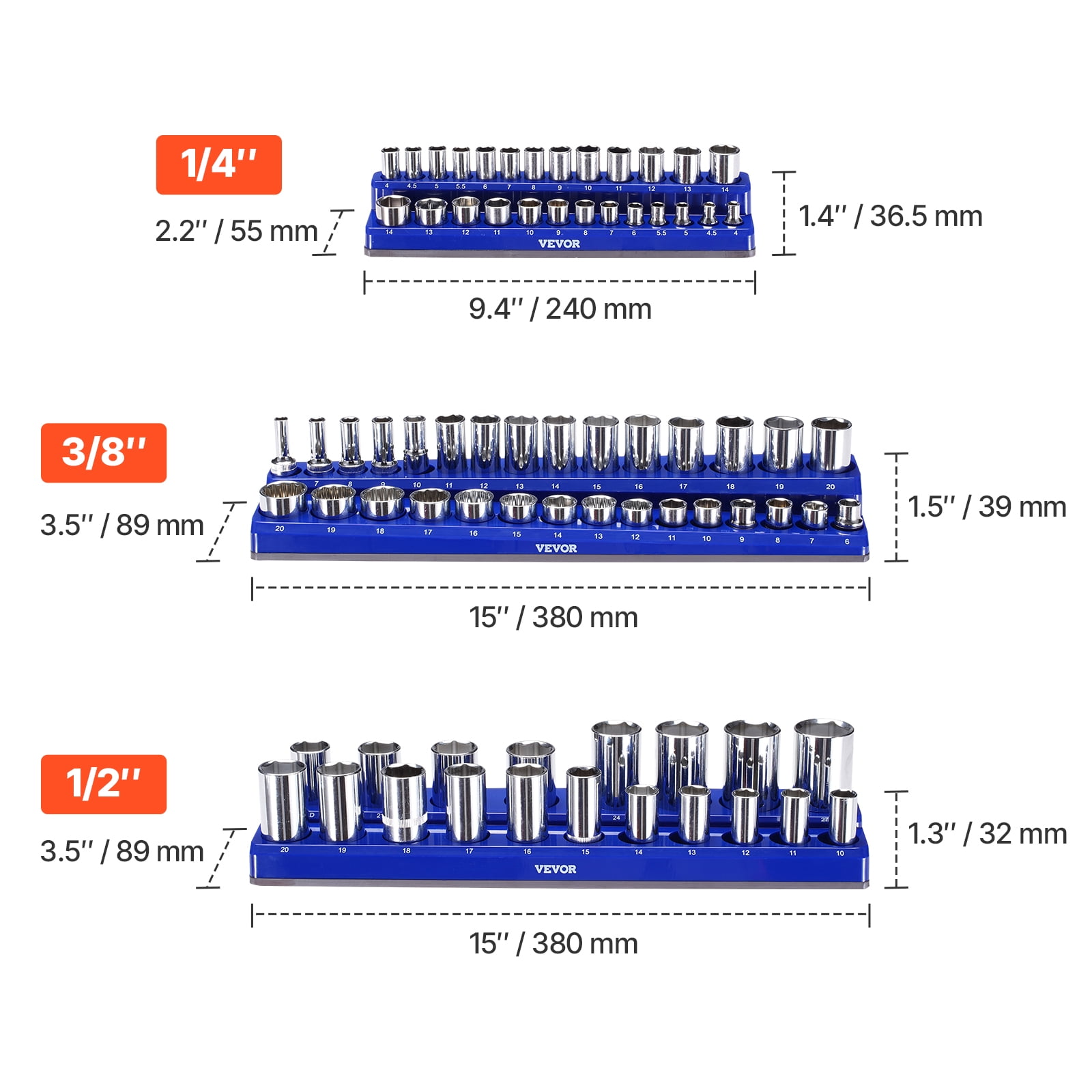 VEVOR Magnetic Socket Organizer Set, 6PCS Socket Holder, 1/4'', 3/8'' & 1/2'' Metric SAE Socket Trays with Clear Labels, Hold up to 143PCS Standard & Deep Sockets, Blue & Red (Sockets Not Included)