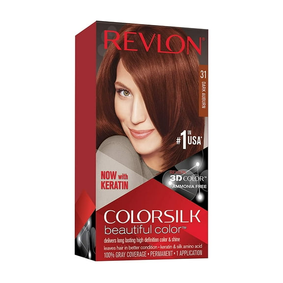 Revlon Colorsilk Beautiful Color Permanent Hair Color with 3D Gel Technology & Keratin, 100% Gray Coverage Hair Dye, 31 Dark Auburn