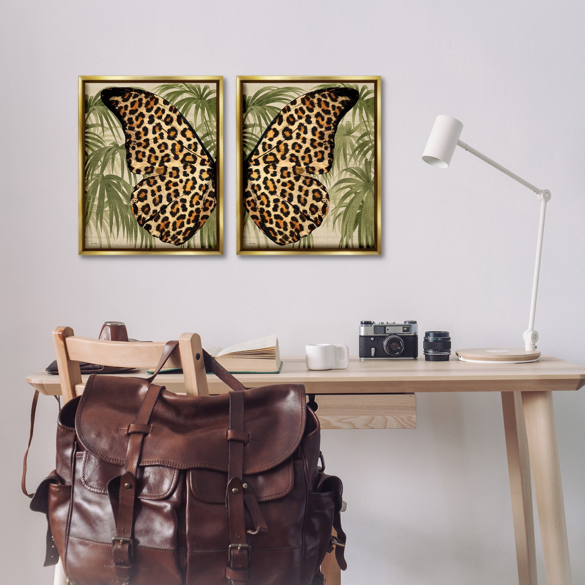 Stupell Industries Cheetah Butterfly Wings Animals & Insects Painting Gold Floater Framed Canvas Art Print Wall Art, 17 x 21, Set of 2