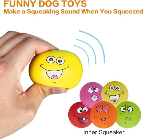 Squeaky Dog Toy Chewing Dog Toys Durable Teething Latex Rubber Soft Interactive Fetch Play Dog Balls with Funny Face for Puppy Small Medium Pet Dog (5PCS)