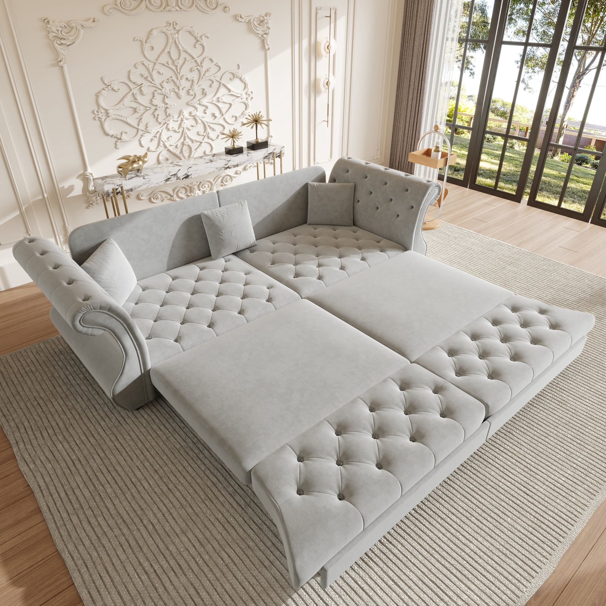 Chesterfield Pull Out Convertible Sofa Bed, Classic Flower Tufted Velvet Loveseat Sleeper Couch With Roll Arms and Pillows, for Living Room Apartment Office