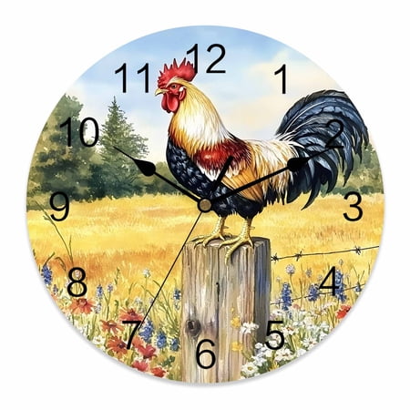 Wall Clock 14 inch Rooster Wildflower Tree Battery Operated Clocks Silent Non-Ticking Wallclock Vintage Plant Round Decorative Wall Clocks for Home Office School