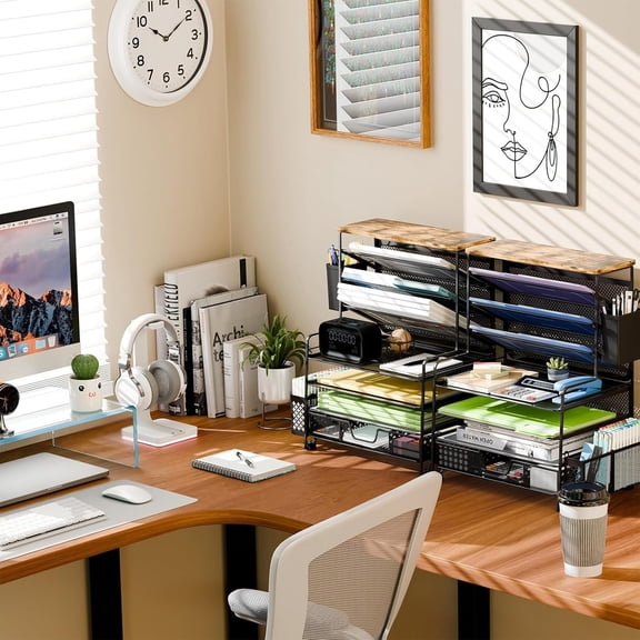 8 Tier Desk File Organizer with Sliding Drawer, Desktop Organizers and Accessories, Letter Size File Organizer for Desk, Black
