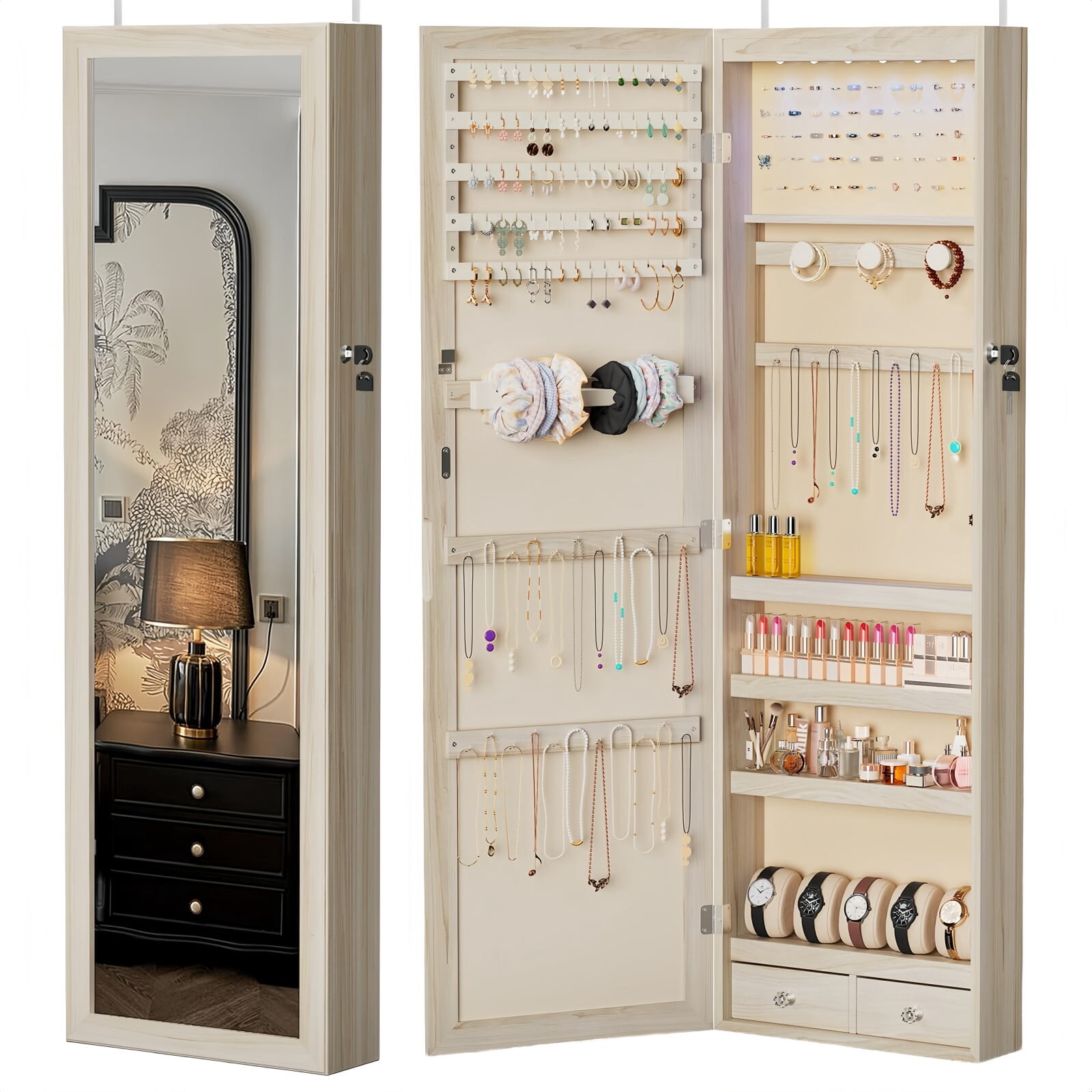 Kelno 47" Jewelry Armoire with HD Mirror LED Lights Wall/Door Mounted Jewelry Organizer Cabinet, Khaki