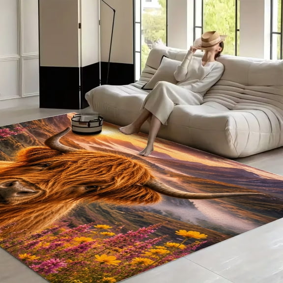 Patifu Highland Cow Mountain Sunset Wildflowers Doormat Floor Mats Washable Area Rug for Living Room, Non Slip Large Decor Carpet for Bedroom Dining Office