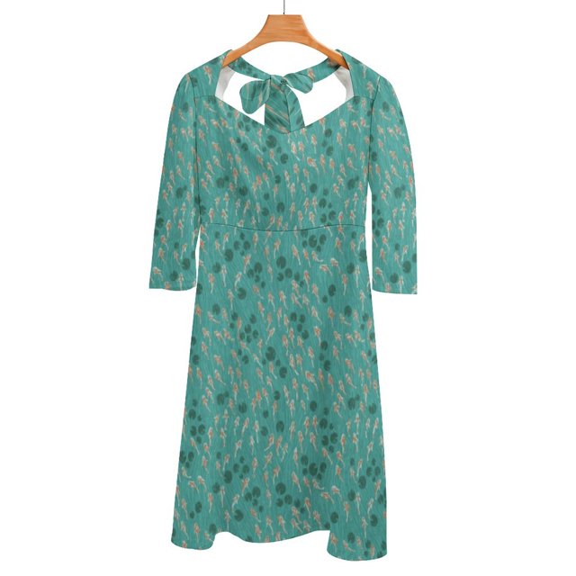 Koi Pond Pattern Back Lacing Backless Dress Square Neck Dress Fashion Design Large Size Loose Dress Koi Fish Pond Lilly Water