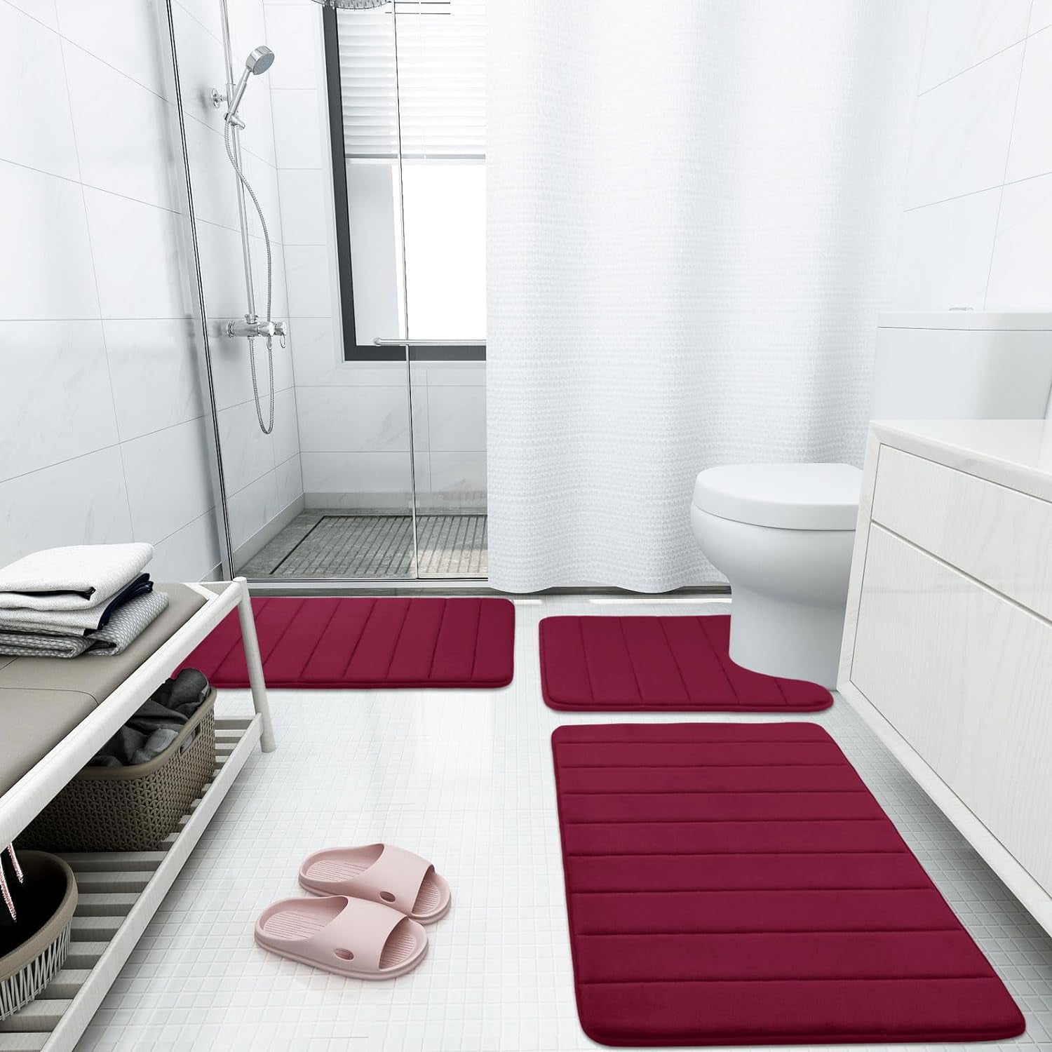 Memory Foam Bath Mat Rug, 24" x 16", Ultra Soft and Non-Slip Bathroom Rugs, Water Absorbent and Machine Washable Bath Rug for Bathroom, Shower, and Tub, Burgundy