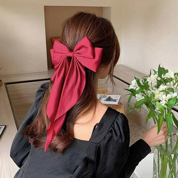 Women Vintage Satin Large Bowknot Ribbon Hairpin Long Bow Barrettes Hair Clip R7 P9N2