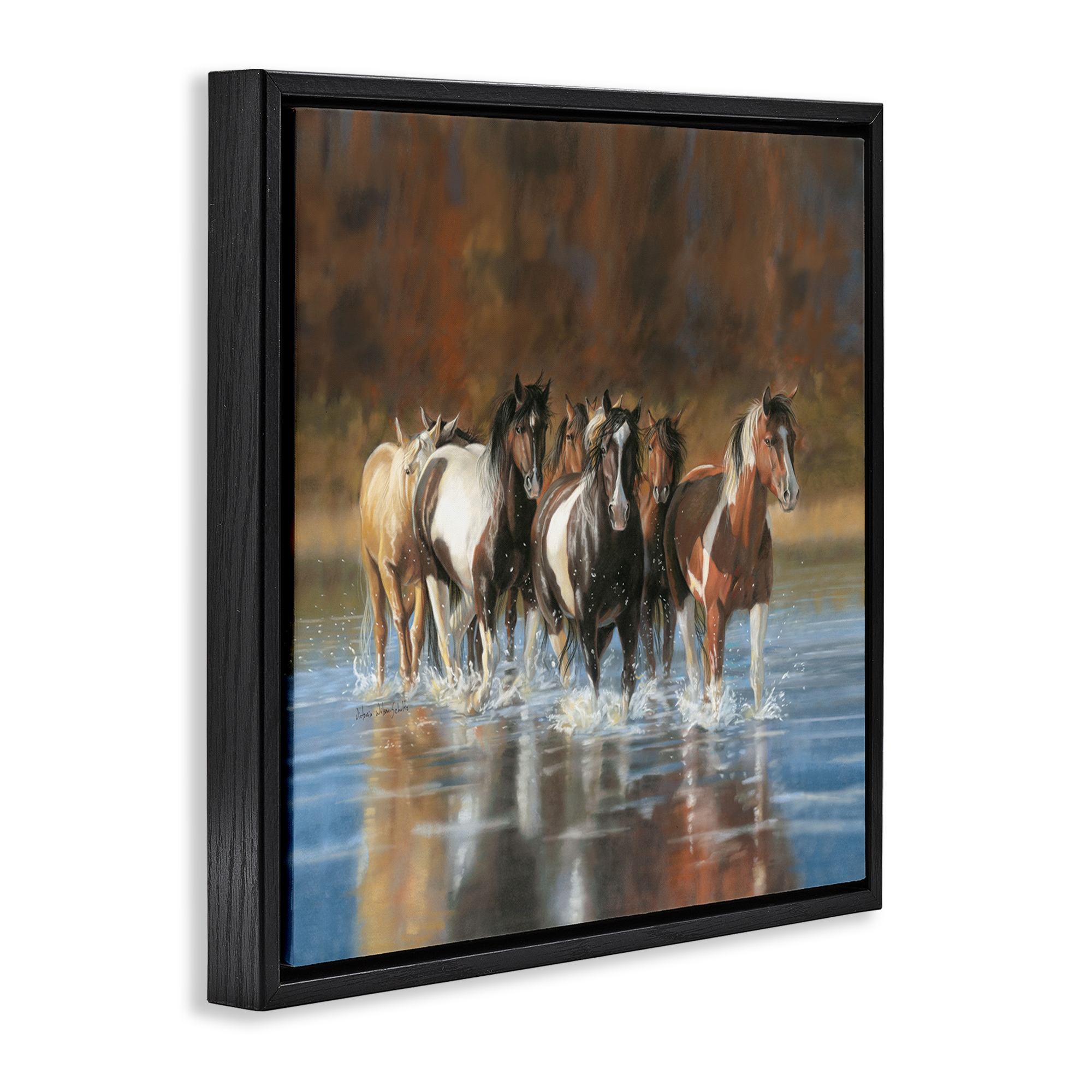 Stupell Industries River & Horses Scenery Animals & Insects Painting Black Floater Framed Canvas Art Print Wall Art, 18 x 18