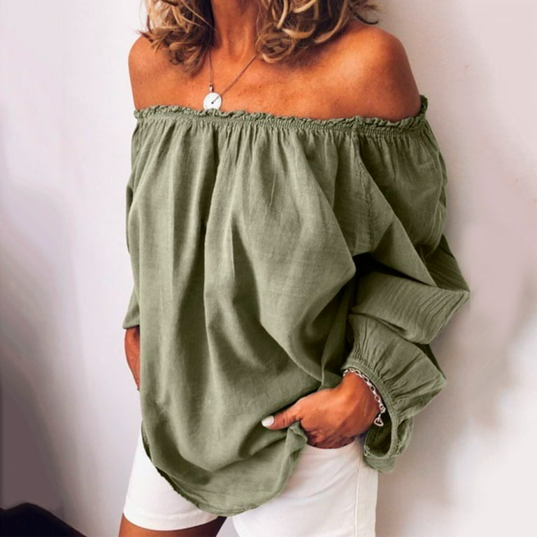 KALE Cotton And Linen Clothes for Women Blouse Off Shoulder Casual Sleeve T  Shirt Tops Size Summer Loose Ruffle Top Long Sleeve Shirts Army Green -  Walmart.com