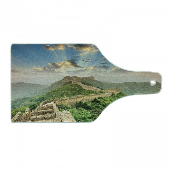 China Cutting Board, Oriental Medieval Blockade on High Lands Old Wonders the Past Picture, Decorative Tempered Glass Cutting and Serving Board, Wine Bottle Shape, Blue Green, by Ambesonne