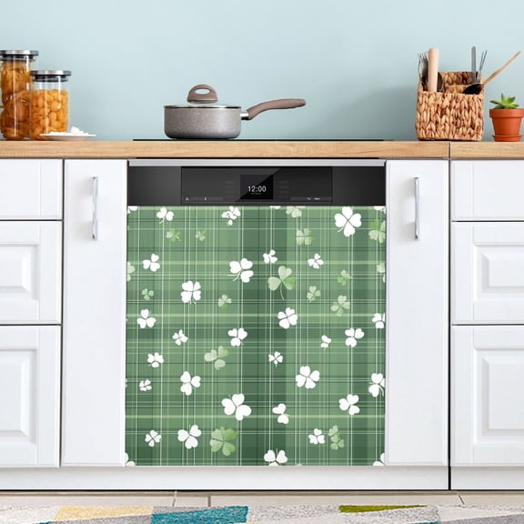 Dailycode Dishwasher Magnet Cover Magnetic Fridge Door Cover Home Kitchen Decor, Plaid with Shamrocks, 23"x 26"