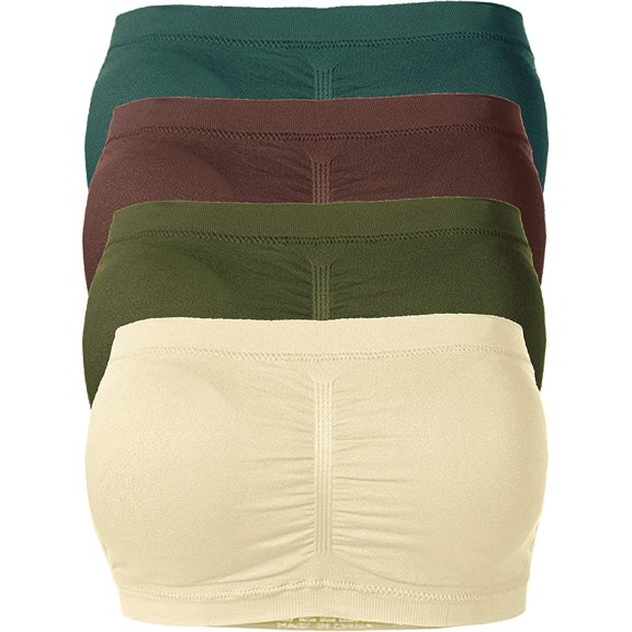 Basic 7" Seamless Padded One Size Tube Top Sports & Fitness Bra Bandeau (4Pack:Hunter Green/Brown/Olive/Taupe)