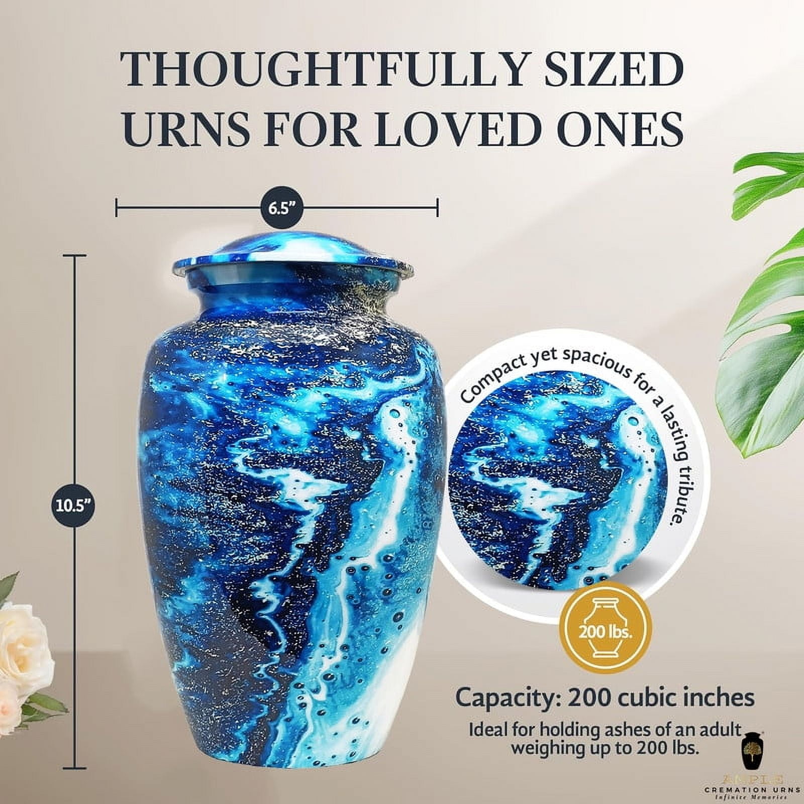 AMPLE CREMATION URNS | Blue Ocean Waves Cremation | Aluminum Urn with Soothing Sea-Inspired Design | Secure Airtight Lid | Memorial Urn for Adult Ashes | 200 lbs. | 6.5 x 10.5 inches | Blue