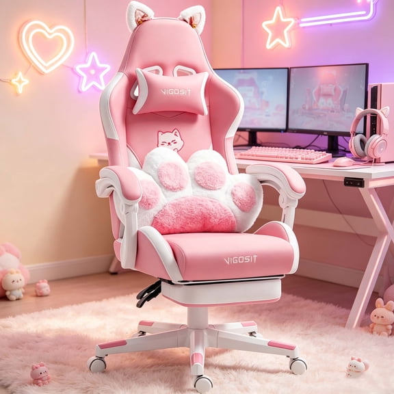 Cat Ears Pink Gaming Chair, PU Leather Ergonomic Reclining Office Chair with Footrest, 310lb Capacity, 6-Position Recline, 360° Swivel for Home Office