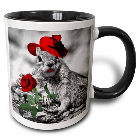 3dRose Sweet lady squirrel in a red hat with a red rose is adorable in this zany digital composition., Two Tone Black Mug,