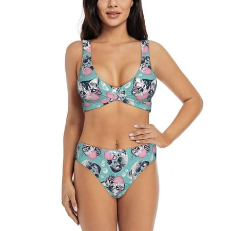 Zeuib Bubble Cat Cute High Waisted Tummy Control Bikini Set - Knot Front Push Up Top & Cheeky Thong Bottom  Two-Piece Swimsuit for Women-Large