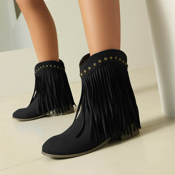 Women Ankle Boots Women's Fashionable Casual Versatile Cool Winter Tassel Sleeve Boots Short Boots Thick Heel Ankle Boots Black 38