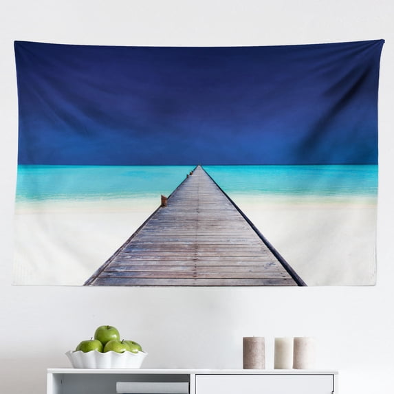 Landscape Tapestry, Fishing Pier by River in The Morning Clouds and Trees Nature Image, Fabric Wall Hanging Decor for Bedroom Living Room Dorm, 2 Sizes, Green Blue White, by Ambesonne