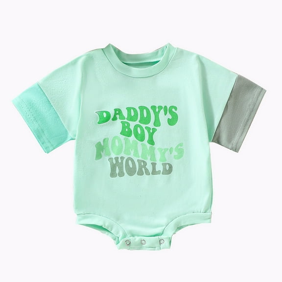 Baby Clothes Daddy's Boy Mummy's World Letter Print Short Sleeve Bodysuit Loose Crewneck Summer Dailywear Boys Clothes Outfit Light Green 0-3 Months
