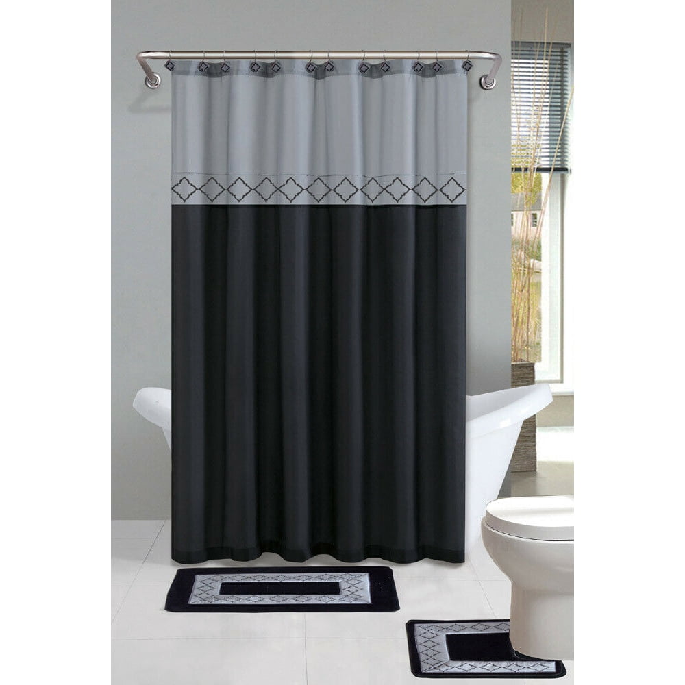 15pc BLACK KADIR Bathroom Set Printed Banded Rubber Backing Rug Bath
