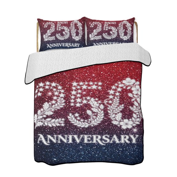 Full Size Quilt Bedding Set, 250 Anniversary Reversible Summer Quilt 3 Pieces, Blue Red Fireworks Florals Leaves Lightweight Bedspreads Coverlets with 2 Pillow Shams for All Seasons