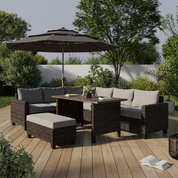 Better Homes & Gardens Brookbury 4-Piece Steel Outdoor Sectional Dining Set with Cushions & Covers, Tan