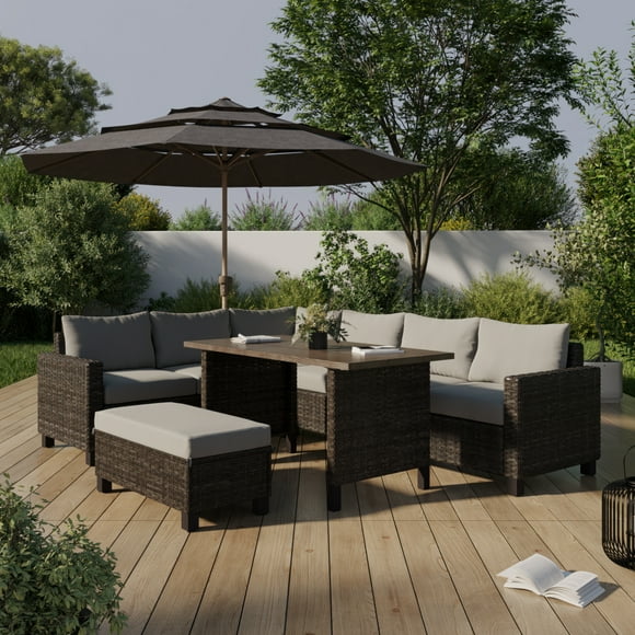 Ensemble à dîner modulaire extérieur en acier 4 pièces Brookbury Better Homes & Gardens avec coussins et housses, havane
