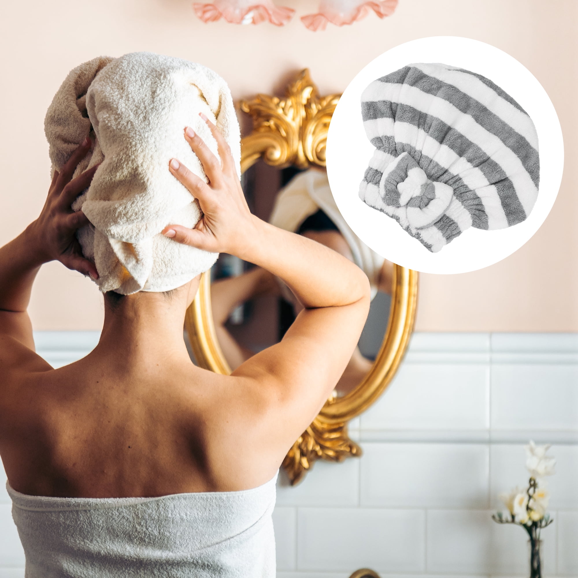 Unique Bargains Strong Absorbent Coral Fleece Hair Drying Towel Dry Cap Gray, White