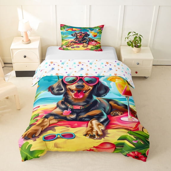 Homewish Vacation Dachshund Animal Twin Duvet Cover,Summer Beach Twin Bedding,Multicolor,Colorful Stars Reversible,2pcs,1 Duvet Cover and 1 Pillowcase