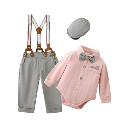 

CARETOO Baby Boy Clothes Suit Newborn Formal Outfit Tuxedo Shirt Bowtie Suspender Pants Hat 4PCS