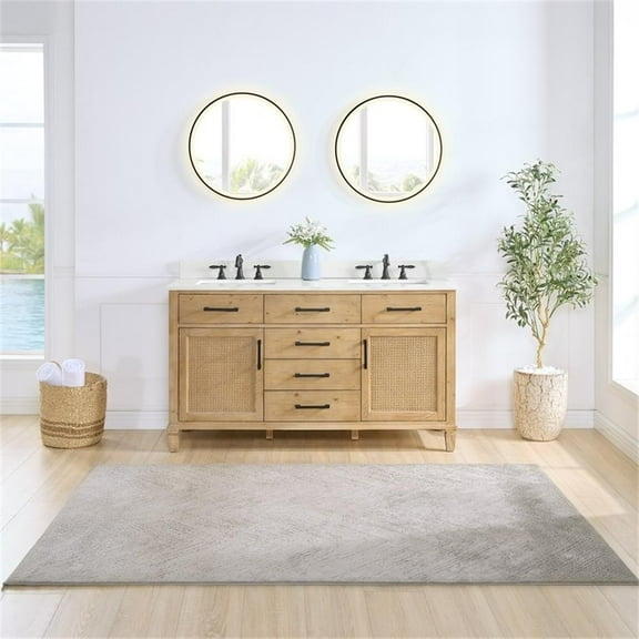 Solana 60" Wood Vanity in Weathered Fir Calacatta White Quartz Top with Mirror