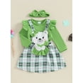 thumbnail image 3 of Suealasg Baby Girls Saint Patrick's Day Outfits 3M 6M 9M 12M 18M Solid Color Long Sleeve Romper Bear Embroidery Overall Dress Headband Set 3 Piece Spring Ireland Festival Clothing for Toddler Girls, 3 of 9