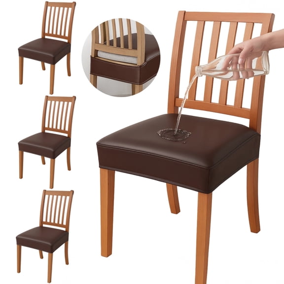 4PCS Dining Chair Covers, Waterproof PU Leather Seat Covers, Stretchable Elastic Covers for Dining Room Chairs, Washable & Removable Slipcovers, Fits 15-19" Armless Chairs