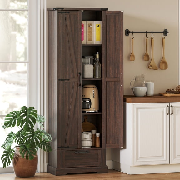 HOMCOM 71" Kitchen Freestanding Pantry Cabinet with Barn Doors, Drawer and Adjustable Shelves for Dining Room, Brown