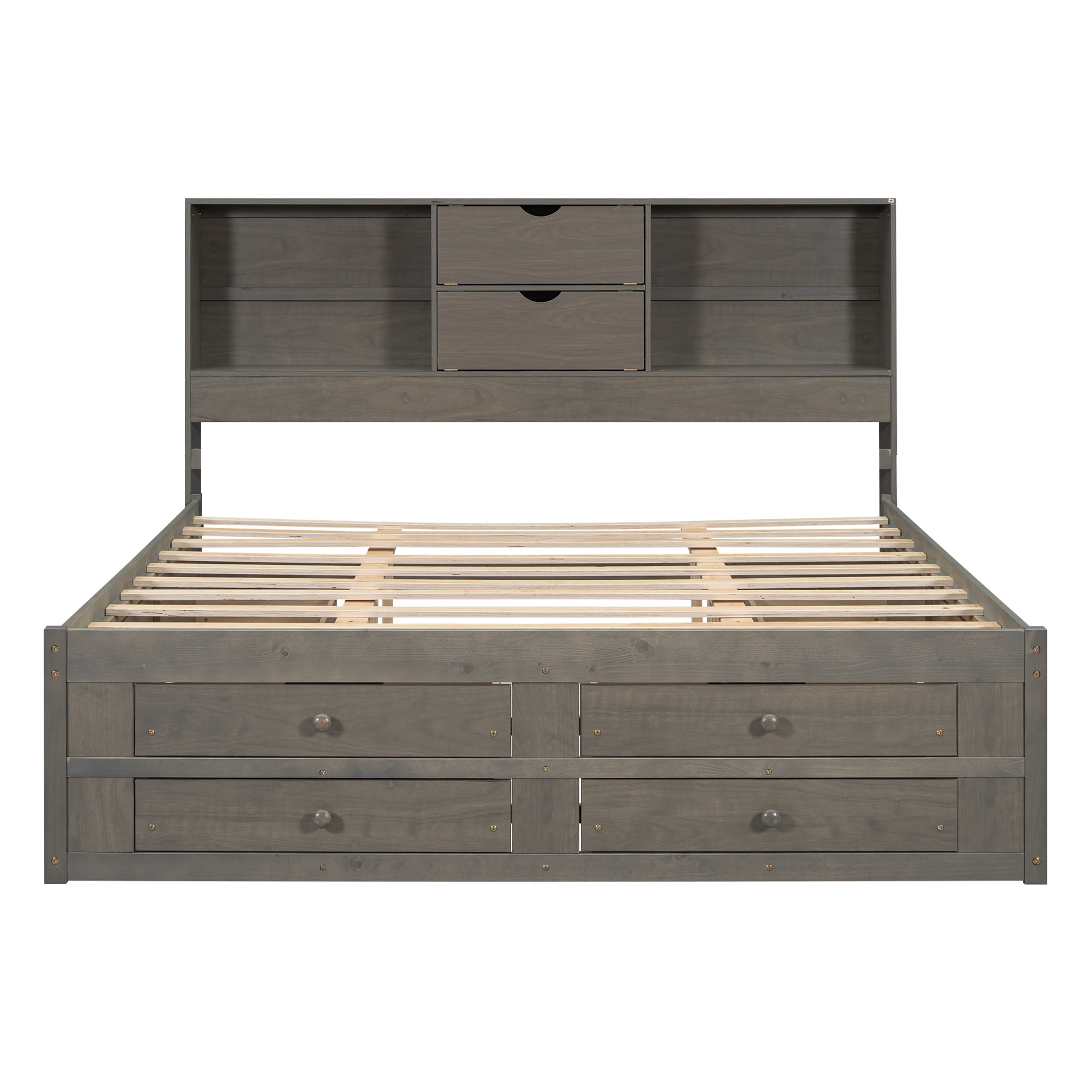 Noble House Solridge King Size Platform Bed with Bookcase Headboard and Storage Drawers, Solid Wood Frame, Gray