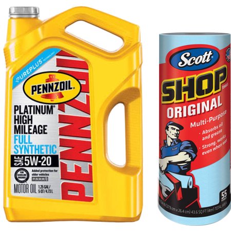 Pennzoil Platinum High-Mileage 5W20  5-Quart with Scott  Original Blue  Shop Towels  (1 Roll of 55 sheets) Kimberly-Clark Bundle