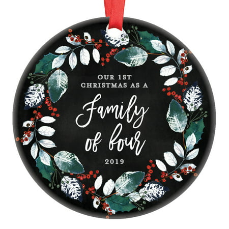 First Christmas as a Family of 4, Ornament 2019, Parents with 2 Children, 2nd Child Baby Shower Gift Pregnancy Present Ceramic Present 3