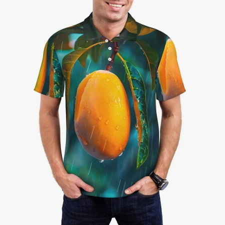 Gaeub Mango In The Rain Print Men s Polo Shirts Short Sleeve Golf Performance Shirts Stretchy Golf Shirts Casual Summer Beach Shirts-Small