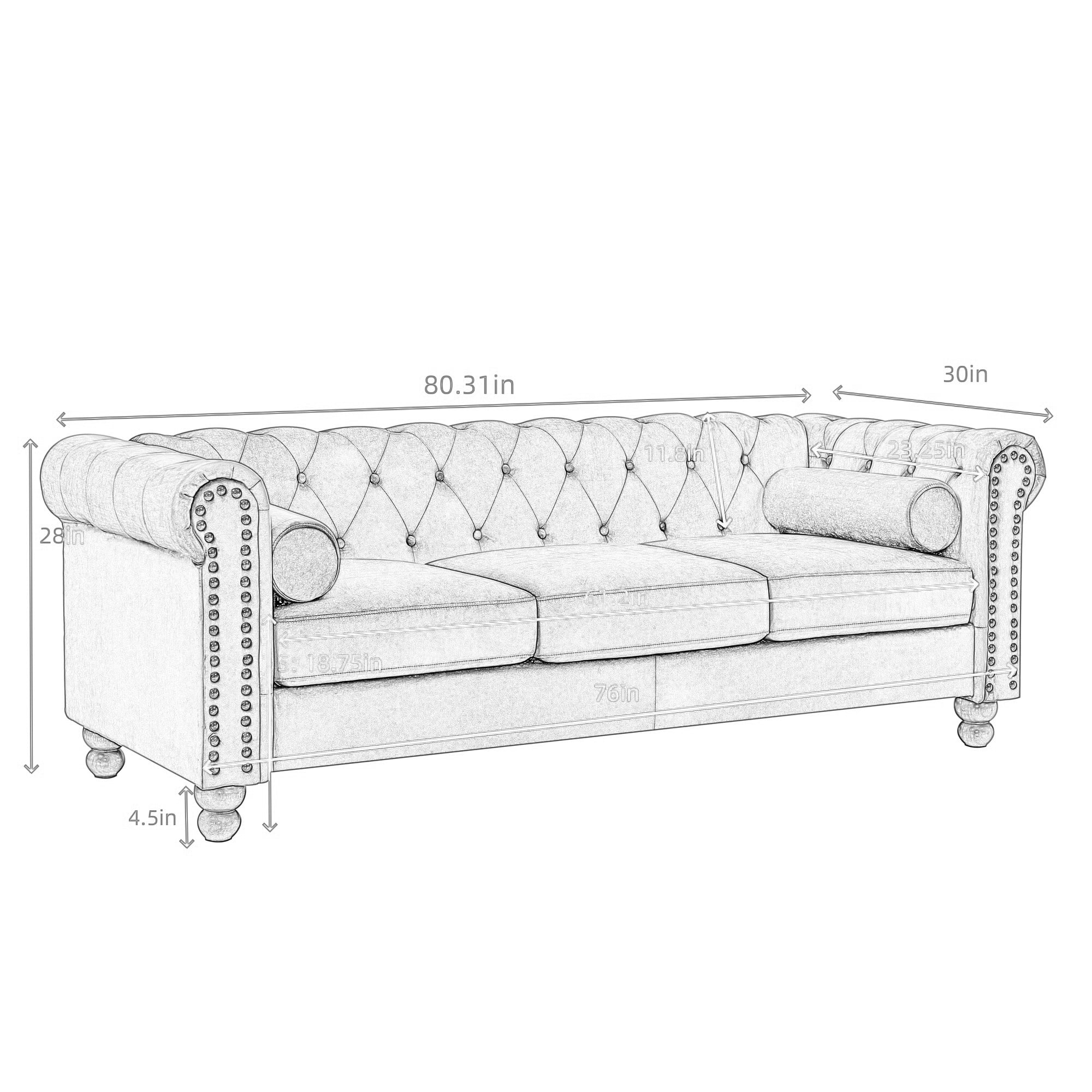 Luxurious Air Leather Chesterfield Sofa, 3-Seater with Rolled Arms, Tufted Design, Nailhead Accents, and Neck Roll Pillows for Cozy Living Spaces