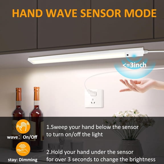 YNTVV-16 Inch Under Cabinet Lights with Hand Wave, Plug in LED Under Counter Light, Over Sink and Stove Lighting, Color Tunable 3000K to 6000K, Touchless Dimmable for Kitchen, Shelf, Cupboard, Closet