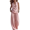thumbnail image 3 of Women's 2 Piece Linen Blend Outfit Sleeveless Shawl Collar Top Wide Leg Pants Set Casual Loose Fit Summer Business & Lounge Wear, Vacation Trendy Sets Pink XXL, 3 of 6