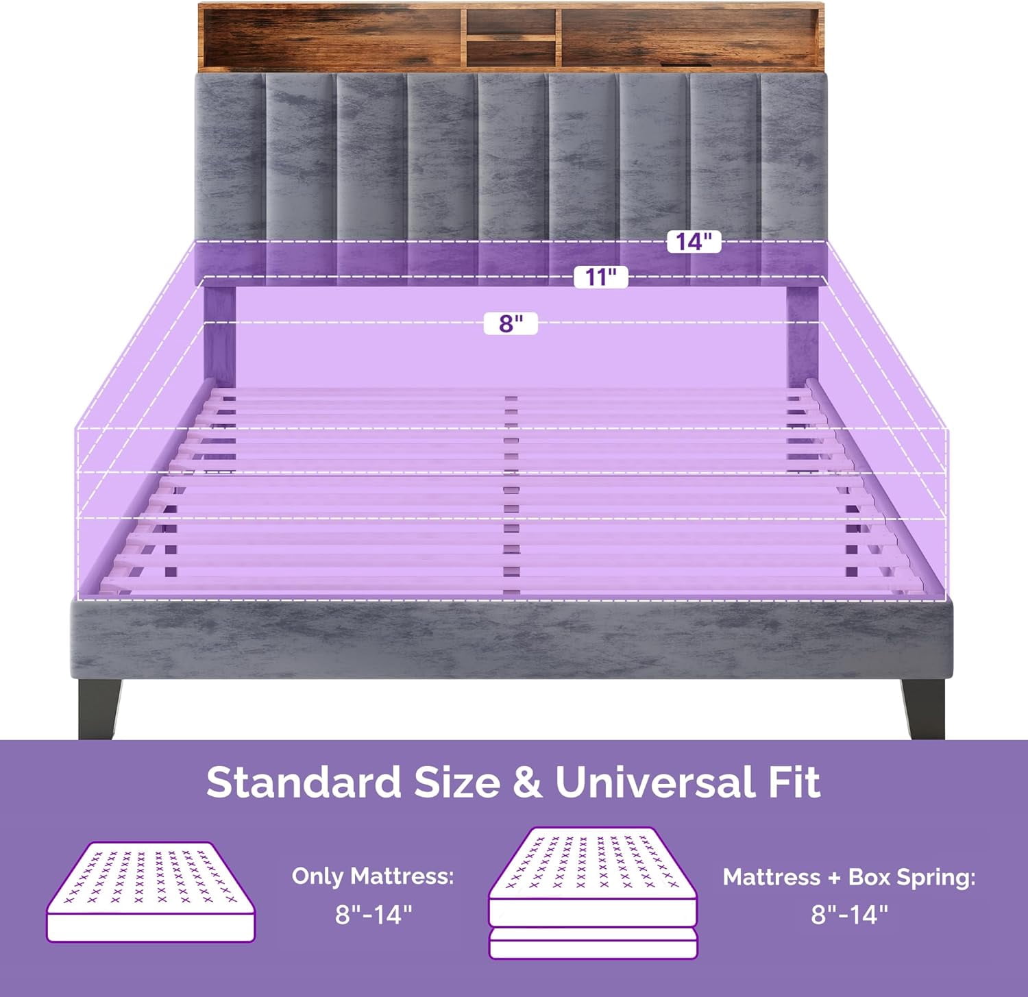 Sersper Full Size Platform Bed Frame with Storage Upholstered Headboard, Built-in Charging Station & RGB LED Lights, Noise-Free, Easy Assembly, Gray