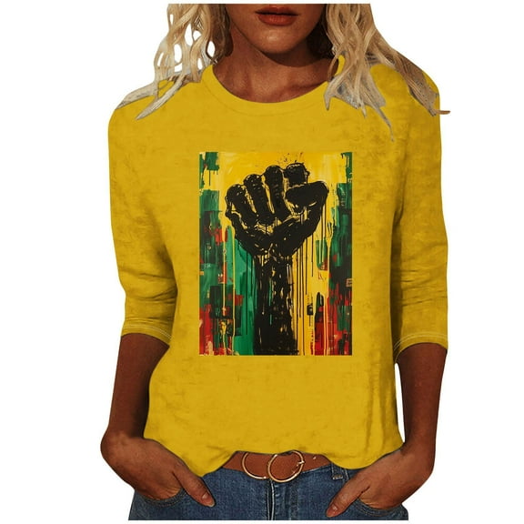 ibuvkizy Womens Black History Month 3/4 Sleeve T-shirts Ladies' Black Month Fashion Printed Round Neck 3/4 Sleeve T-shirt Loose Top,Yellow,S