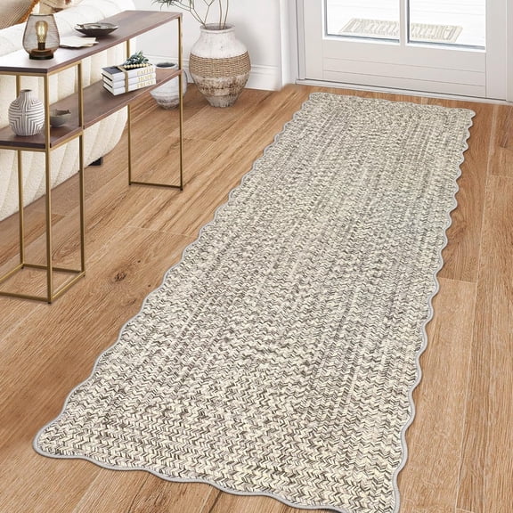 Imitation Braided Collection-Print Washable Runner Rug Scalloped Non Slip Kitchen Rugs Indoor Entryway Rug Soft Bath Mat Stain Resistant Carpet for Bedroom Hallway Laundry Nursery 2'x6',Beige