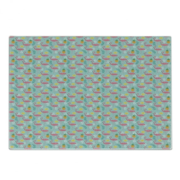 Artwork Cutting Board, Exotic Theme Pink Flamingos and Pineapples Hawaiian Background Palm Leaves, Decorative Tempered Glass Cutting and Serving Board, in 3 Sizes, by Ambesonne