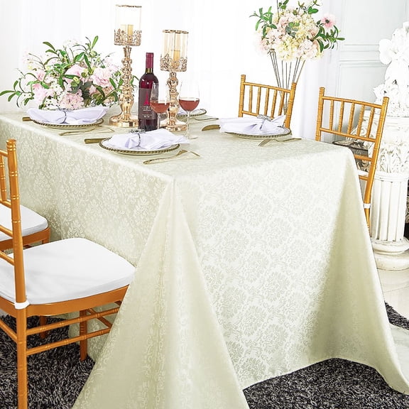 Wedding Linens Inc. 90"x 132" Seamless Rectangular Marquis Damask Jacquard Polyester Linen Tablecloth - Ivory