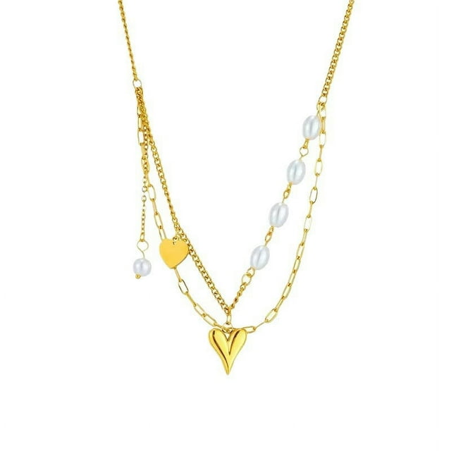 Zhuge Colgante de collar hecho a mano, collar de perlas de amor de doble capa de acero de titanio (oro)