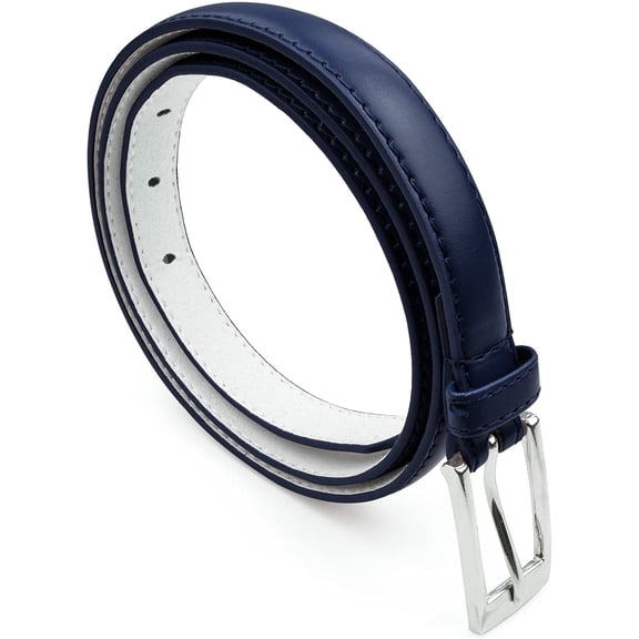 Belle Donne Women Skinny PU Leather Dress Belts Womens Belt with Silver Polished Buckle Large Navy