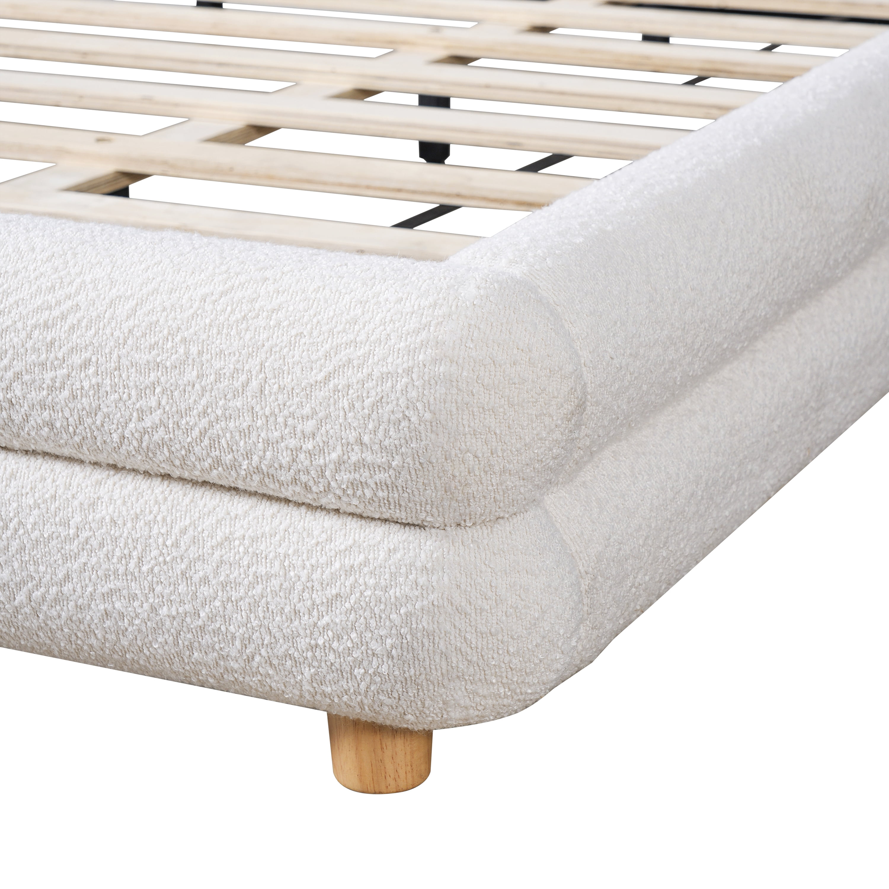 King Size Bed Frame with Boucle Upholstered Thick Curved Headboard & Solid Wood Legs, Platform Bed for Bedroom, White